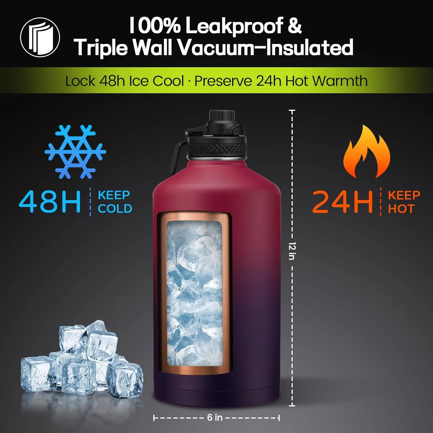 1 Gallon Water Bottle Insulated - 128oz Water Bottle with Straw & Spout Lids, Carrier Bag with Strap, Stainless Steel Flask (Cold for 48Hrs) Large Metal Jug for Hiking Travel Camping