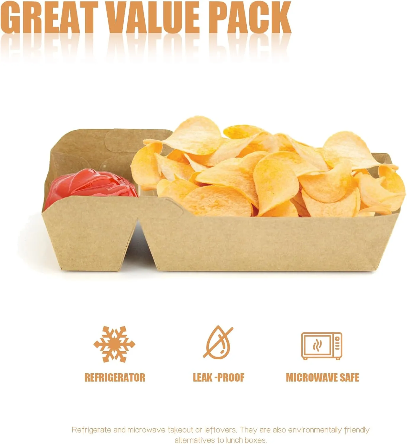 100 PC Nacho Trays, 16oz Disposable Nacho Containers with Chip and Dip Holder,2 Compartments Kraft Paper Food Boats Taco Snack Trays for Parties, Movie Night Supplies and Concession Stands (100, 16oz)
