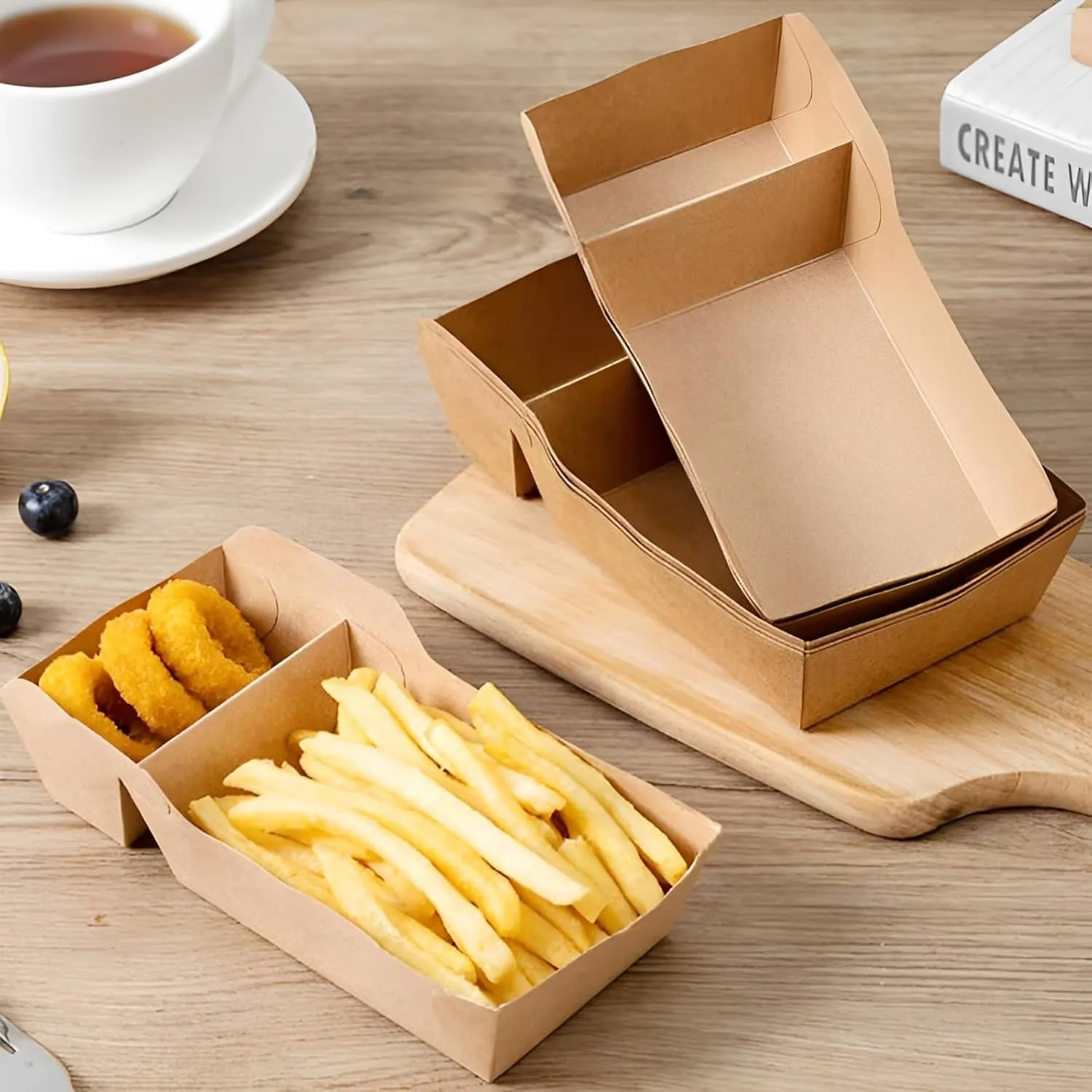 100 PC Nacho Trays, 16oz Disposable Nacho Containers with Chip and Dip Holder,2 Compartments Kraft Paper Food Boats Taco Snack Trays for Parties, Movie Night Supplies and Concession Stands (100, 16oz)