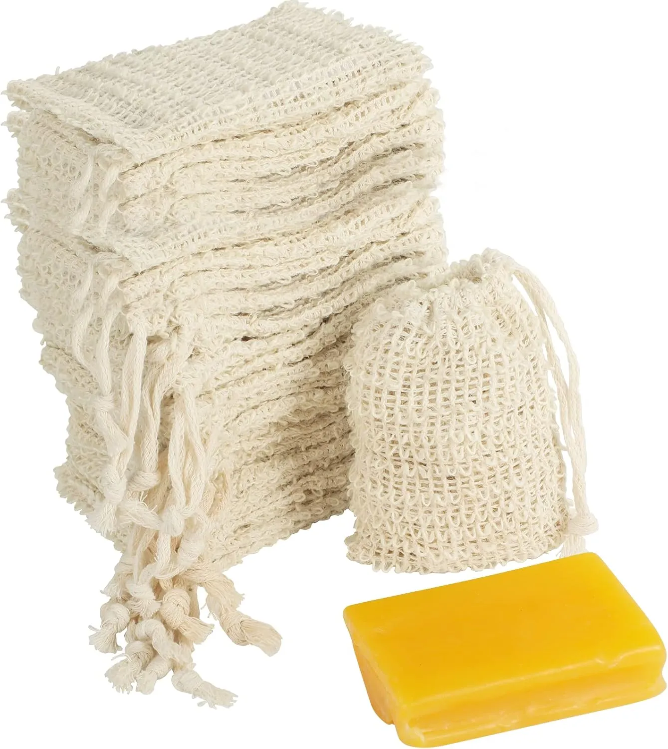 100 Pcs Sisal Soap Saver Bag with Drawstring, Plastic-Free Soap Saver Bags Reusable& Natural Bubble Exfoliating Pouch for Bath & Shower, Zero Waste Mesh Bag for Foaming & Drying Soaps