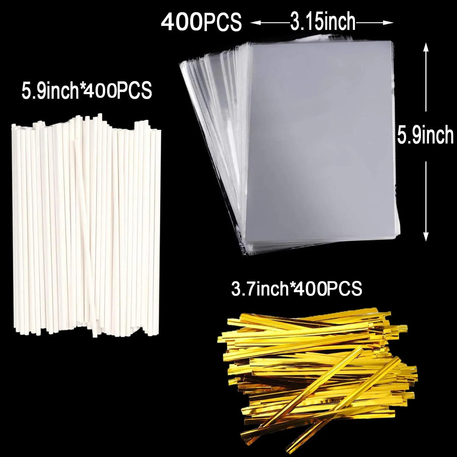 1200PCS Lollipop Cake Pop Treat Bag Set Including 400pcs Parcel Bags, 400pcs Papery Treat Sticks, 400pcs Gold Metallic Twist Ties for Making Lollipops, Cake Pops, Candies, Chocolates and Cookies