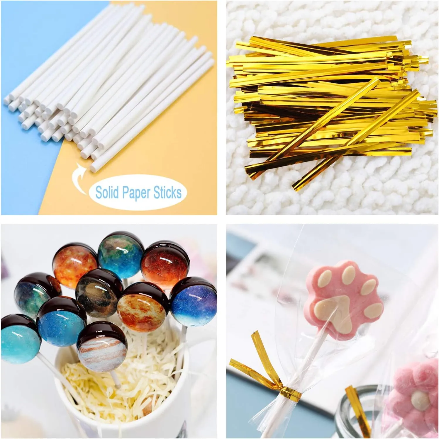 1200PCS Lollipop Cake Pop Treat Bag Set Including 400pcs Parcel Bags, 400pcs Papery Treat Sticks, 400pcs Gold Metallic Twist Ties for Making Lollipops, Cake Pops, Candies, Chocolates and Cookies