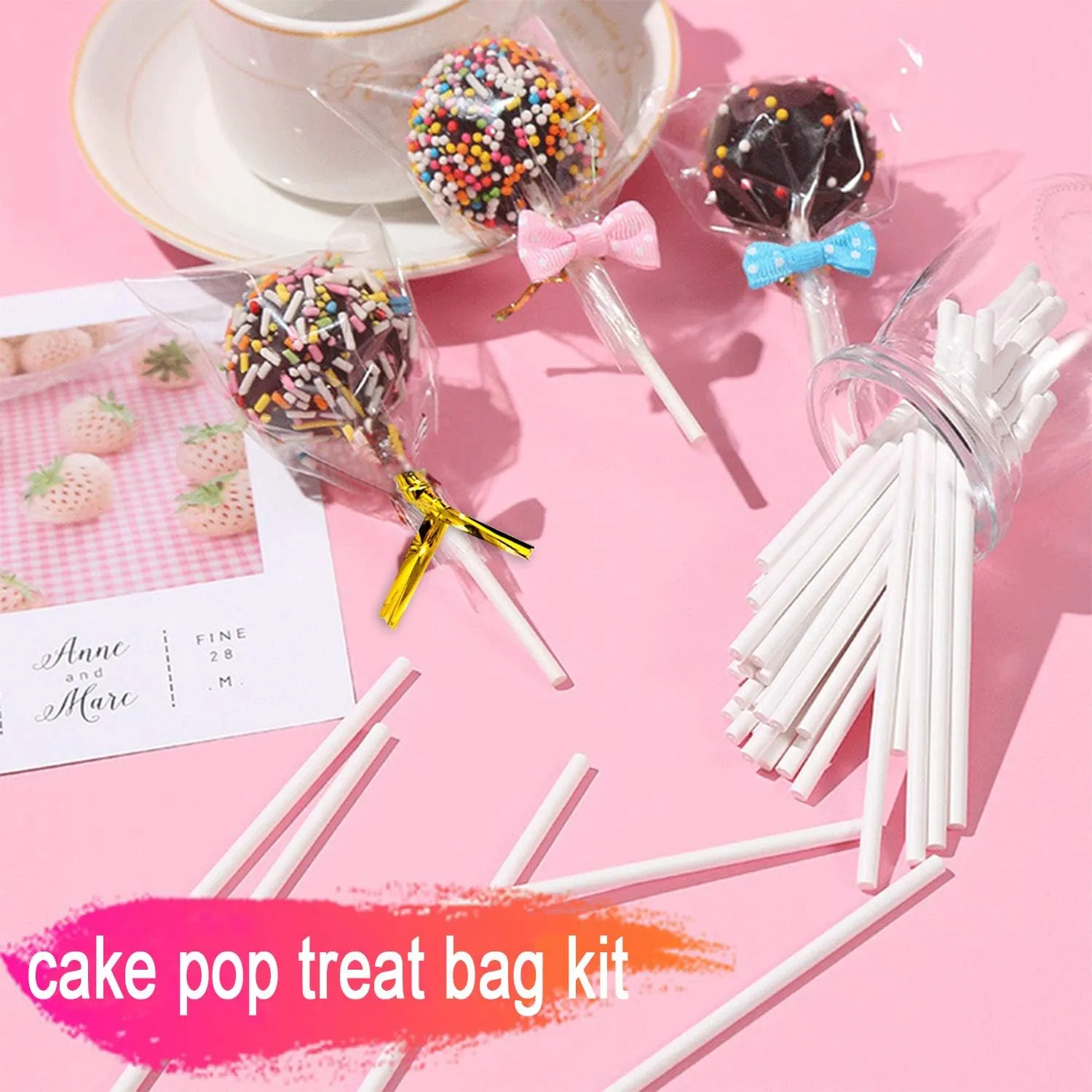 1200PCS Lollipop Cake Pop Treat Bag Set Including 400pcs Parcel Bags, 400pcs Papery Treat Sticks, 400pcs Gold Metallic Twist Ties for Making Lollipops, Cake Pops, Candies, Chocolates and Cookies