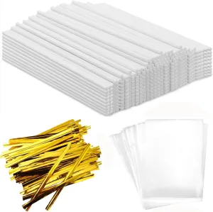 1200PCS Lollipop Cake Pop Treat Bag Set Including 400pcs Parcel Bags, 400pcs Papery Treat Sticks, 400pcs Gold Metallic Twist Ties for Making Lollipops, Cake Pops, Candies, Chocolates and Cookies