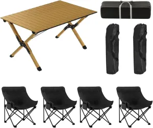120cm Foldable Camping Table with Chair Set, Aluminum Roll-up Table Top Picnic Table Portable Lightweight Camping Furniture Set for BBQ Garden