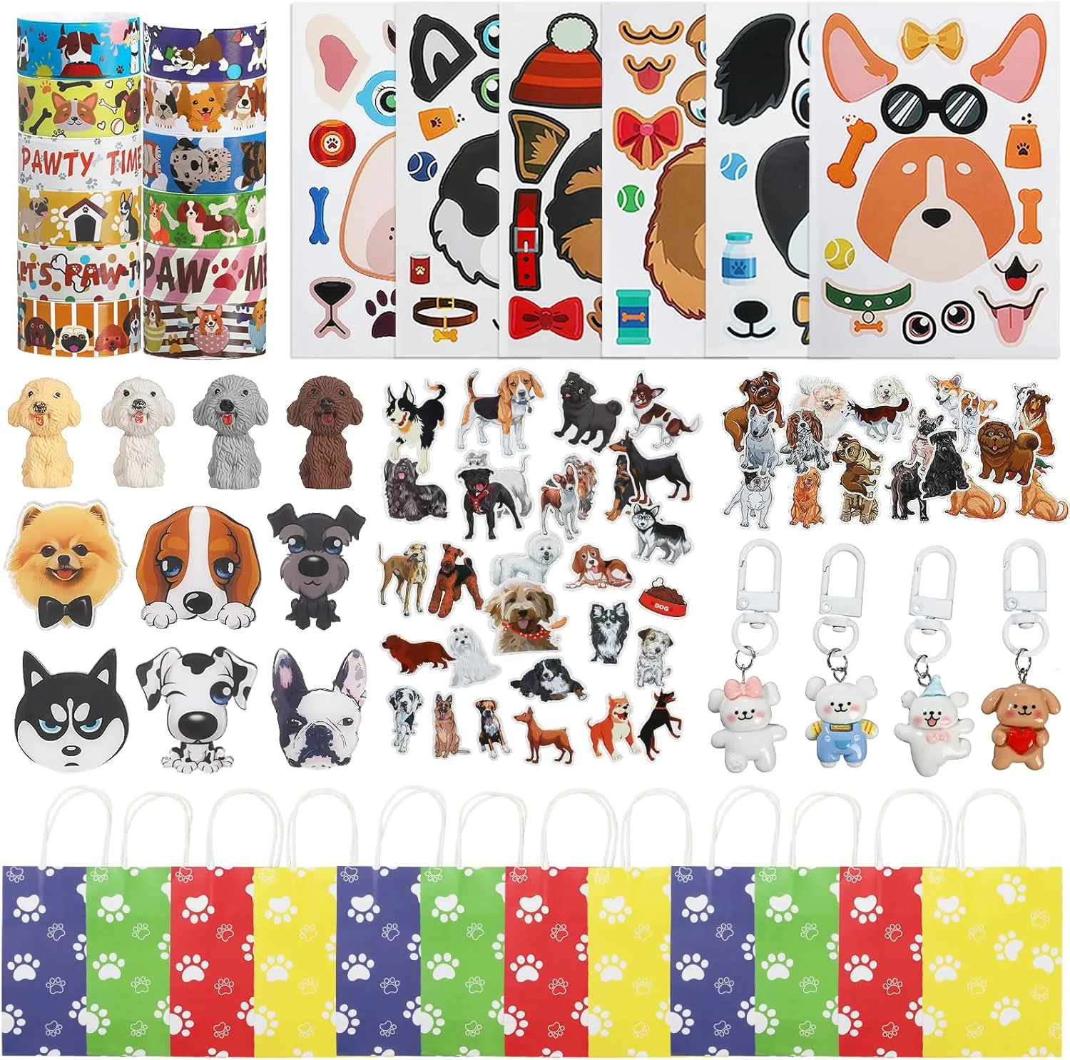 122 Pieces Dog Party Favors, Dog Paw Party Favors Set 12 Treat Bags with Handle Silicone Bracelets Puzzle Keychain Brooches Erasers 50 Waterproof Stickers, DIY Set for Puppy Party Decorations