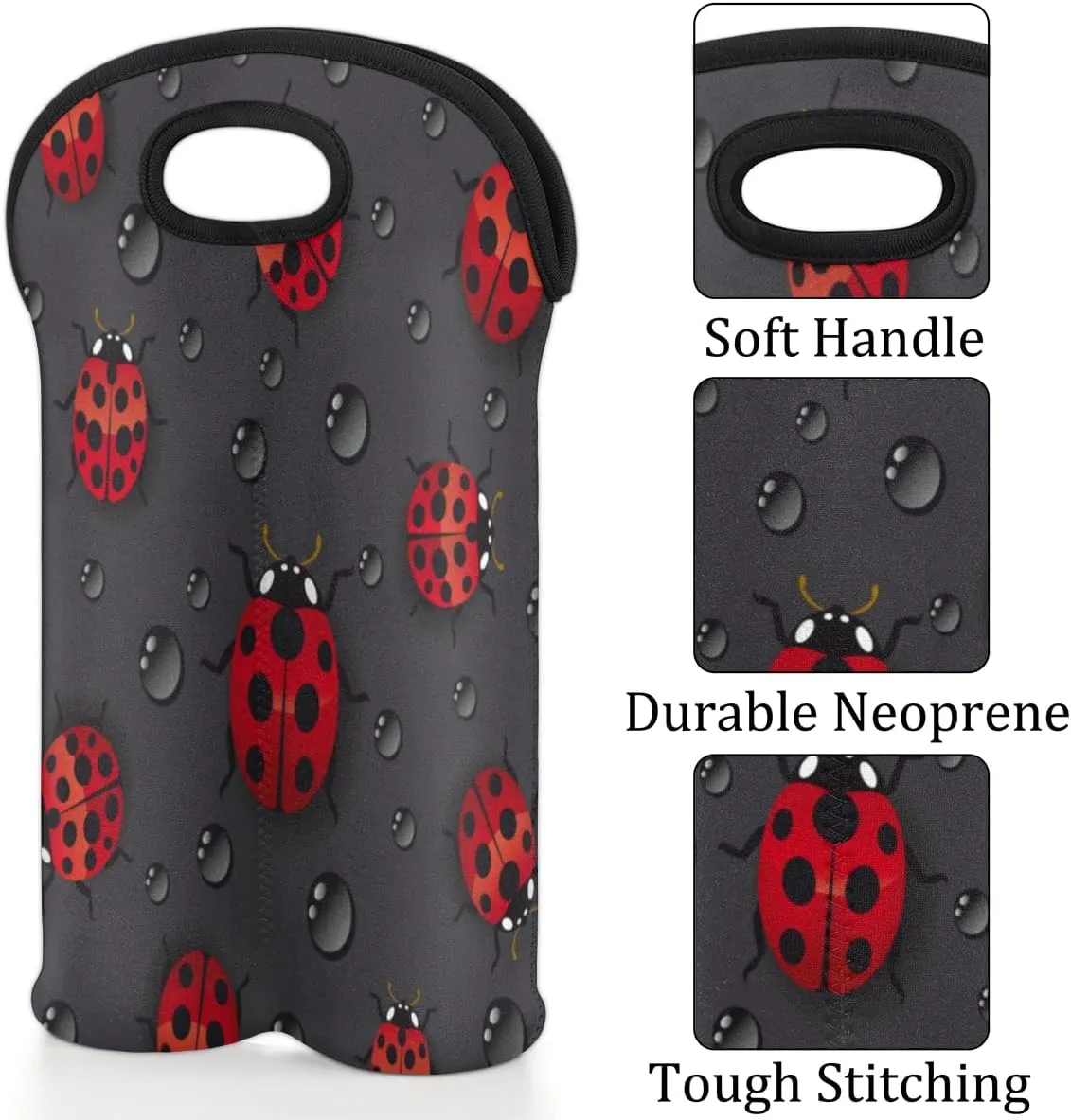 2 Bottle Wine Carrier Tote Bag Lovely Ladybugs Insulated Neoprene Wine Bottle Holder Portable Wine Cooler Bag with Secure Carry Handle for Travel Picnic Birthday Party