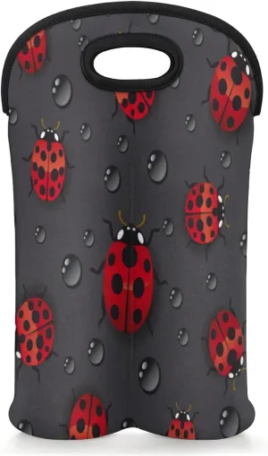 2 Bottle Wine Carrier Tote Bag Lovely Ladybugs Insulated Neoprene Wine Bottle Holder Portable Wine Cooler Bag with Secure Carry Handle for Travel Picnic Birthday Party