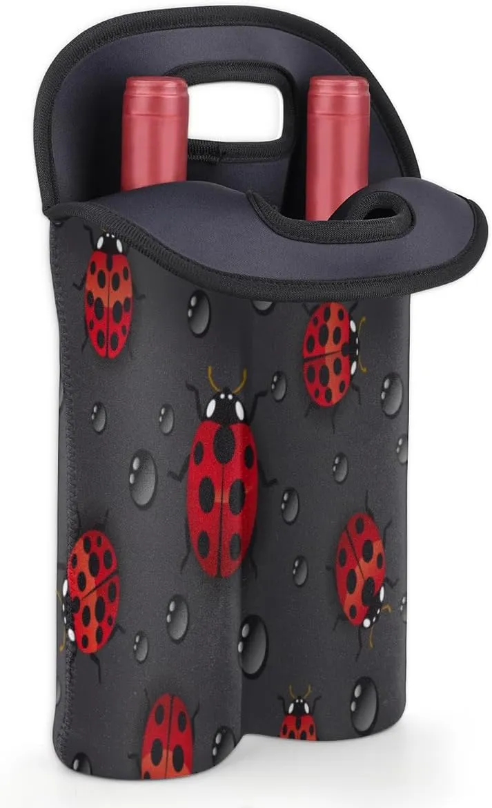 2 Bottle Wine Carrier Tote Bag Lovely Ladybugs Insulated Neoprene Wine Bottle Holder Portable Wine Cooler Bag with Secure Carry Handle for Travel Picnic Birthday Party