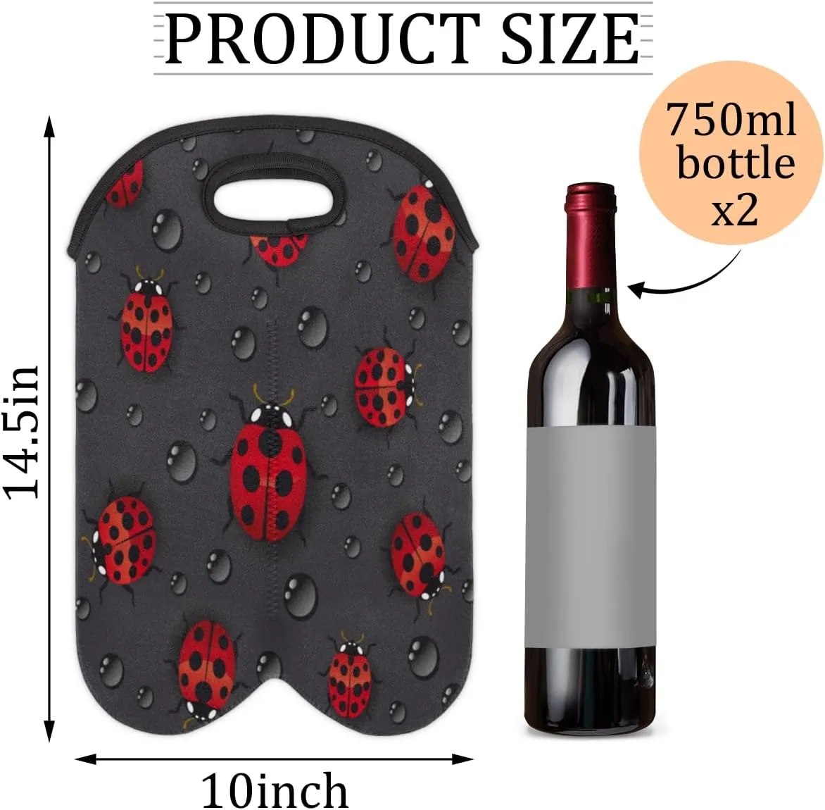 2 Bottle Wine Carrier Tote Bag Lovely Ladybugs Insulated Neoprene Wine Bottle Holder Portable Wine Cooler Bag with Secure Carry Handle for Travel Picnic Birthday Party