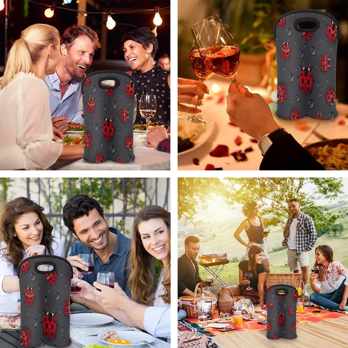 2 Bottle Wine Carrier Tote Bag Lovely Ladybugs Insulated Neoprene Wine Bottle Holder Portable Wine Cooler Bag with Secure Carry Handle for Travel Picnic Birthday Party