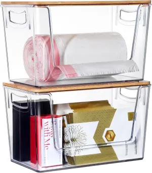 2 PACK Trash Bag Holder Dispenser, Acrylic Large Garbage Bag Dispensers, Stackable Trash Bags Holder with Bamboo Top for Kitchen Under Sink, Pantry, Laundry Room
