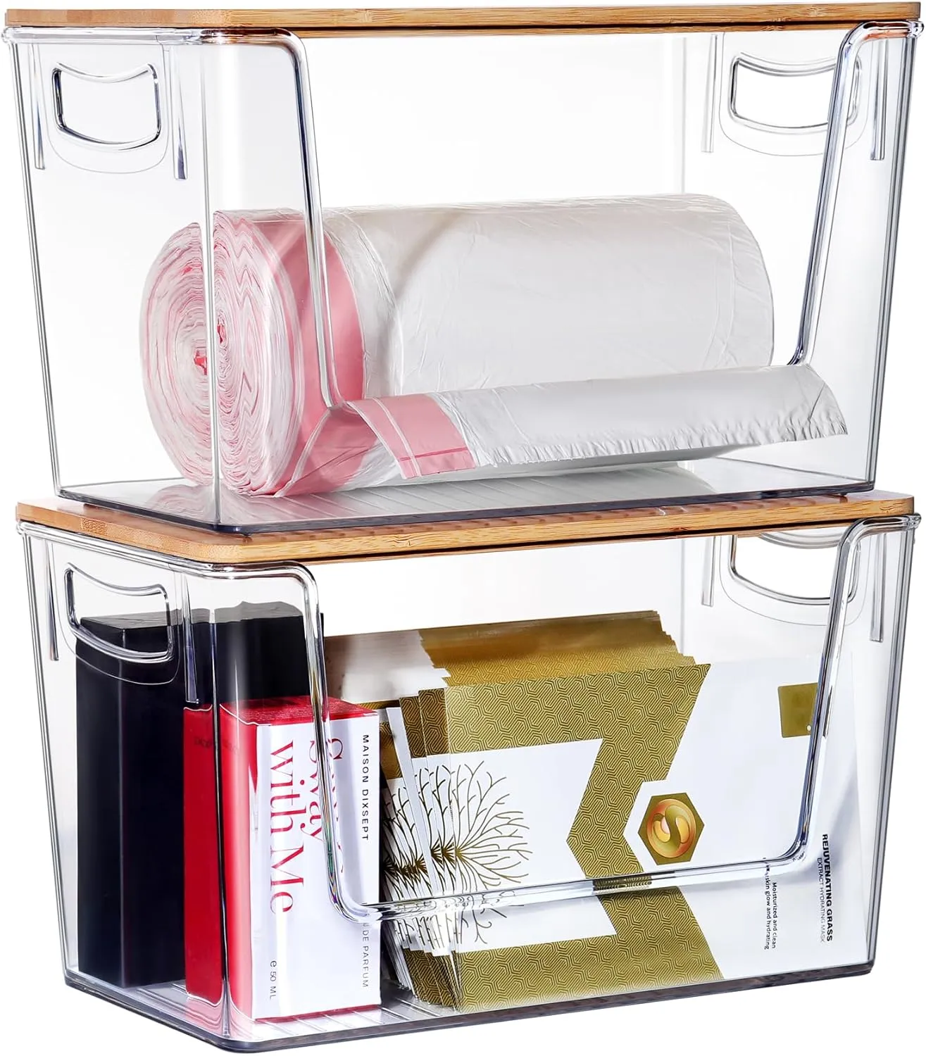 2 PACK Trash Bag Holder Dispenser, Acrylic Large Garbage Bag Dispensers, Stackable Trash Bags Holder with Bamboo Top for Kitchen Under Sink, Pantry, Laundry Room