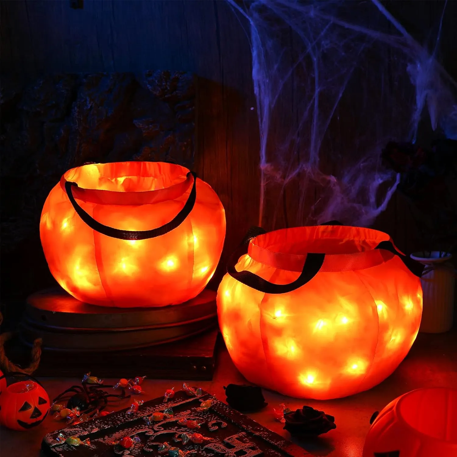 2 Pieces LED Light Halloween Candy Bags Pumpkin Bucket Light Up Party Trick or Treat Multipurpose Reusable Goody Bucket for Kids Halloween Supplies Favors