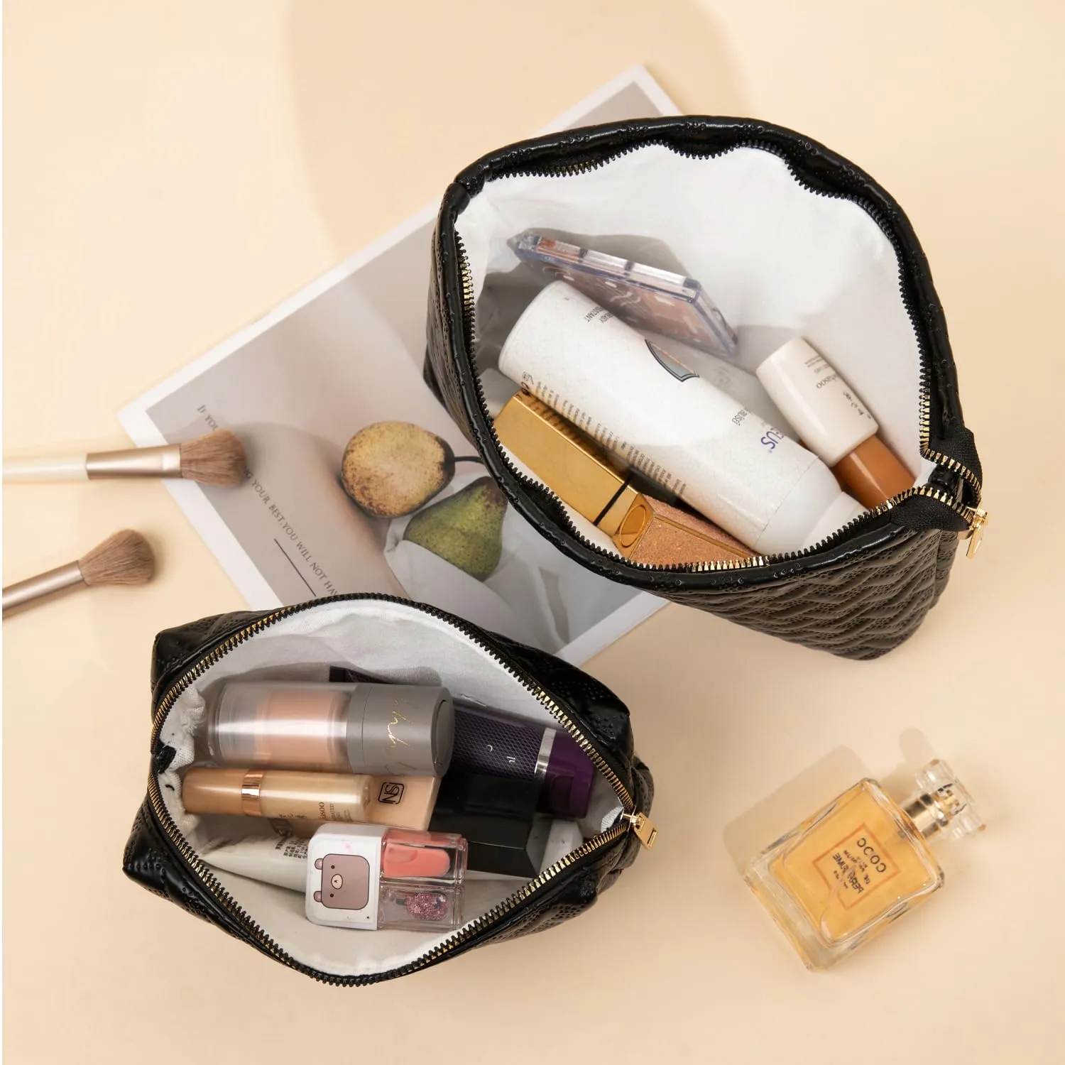 2 Pieces Makeup Bag Toiletry Bag for Women Vegan Leather Travel Cosmetic Make Up Brush Bag Pack Travel Vacation Essenitial for Purse (Black)