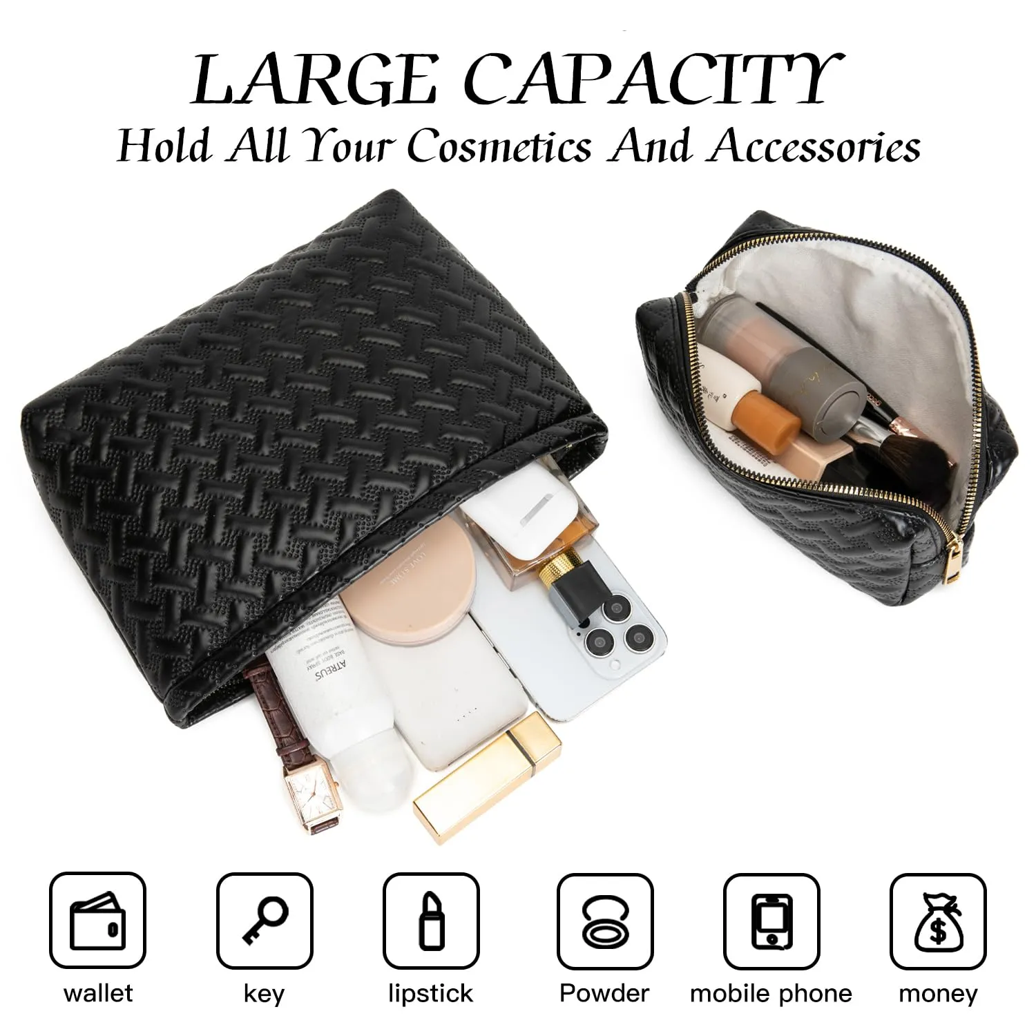 2 Pieces Makeup Bag Toiletry Bag for Women Vegan Leather Travel Cosmetic Make Up Brush Bag Pack Travel Vacation Essenitial for Purse (Black)