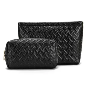 2 Pieces Makeup Bag Toiletry Bag for Women Vegan Leather Travel Cosmetic Make Up Brush Bag Pack Travel Vacation Essenitial for Purse (Black)