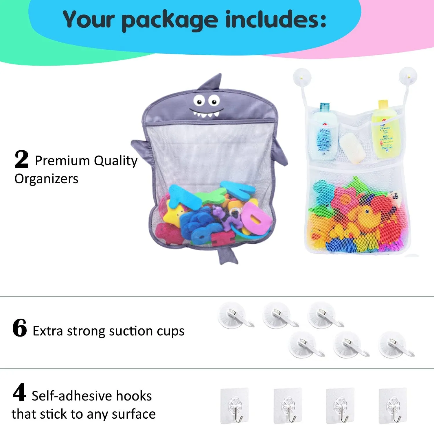 2 x Mesh Bath Toy Organizer   6 Ultra Strong Hooks – The Perfect Bathtub Toy Holder & Bathroom or Shower Caddy – These Multi-use Net Bags Make Baby Bath Toy Storage Easy – For Kids & Toddlers