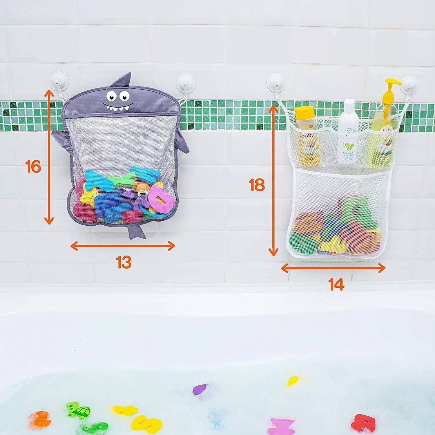 2 x Mesh Bath Toy Organizer   6 Ultra Strong Hooks – The Perfect Bathtub Toy Holder & Bathroom or Shower Caddy – These Multi-use Net Bags Make Baby Bath Toy Storage Easy – For Kids & Toddlers