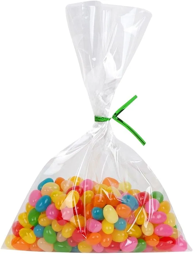 200 Clear Treat Bags 6x9 with 4" Twist Ties 6 Mix Colors - Thick OPP Plastic Cello Bags for Wedding Cookie Birthday Cake Pops Gift Candy Buffet Supplies (6'' x 9'')