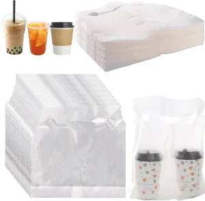 200 Pack Drinking Bags, 2 Cups Drink Carriers for Delivery, 12" L x 11" H Disposable Clear Plastic Packaging Poly Cup Bags with Handle for Delivery Take Out Beverage Coffee Juice Stores