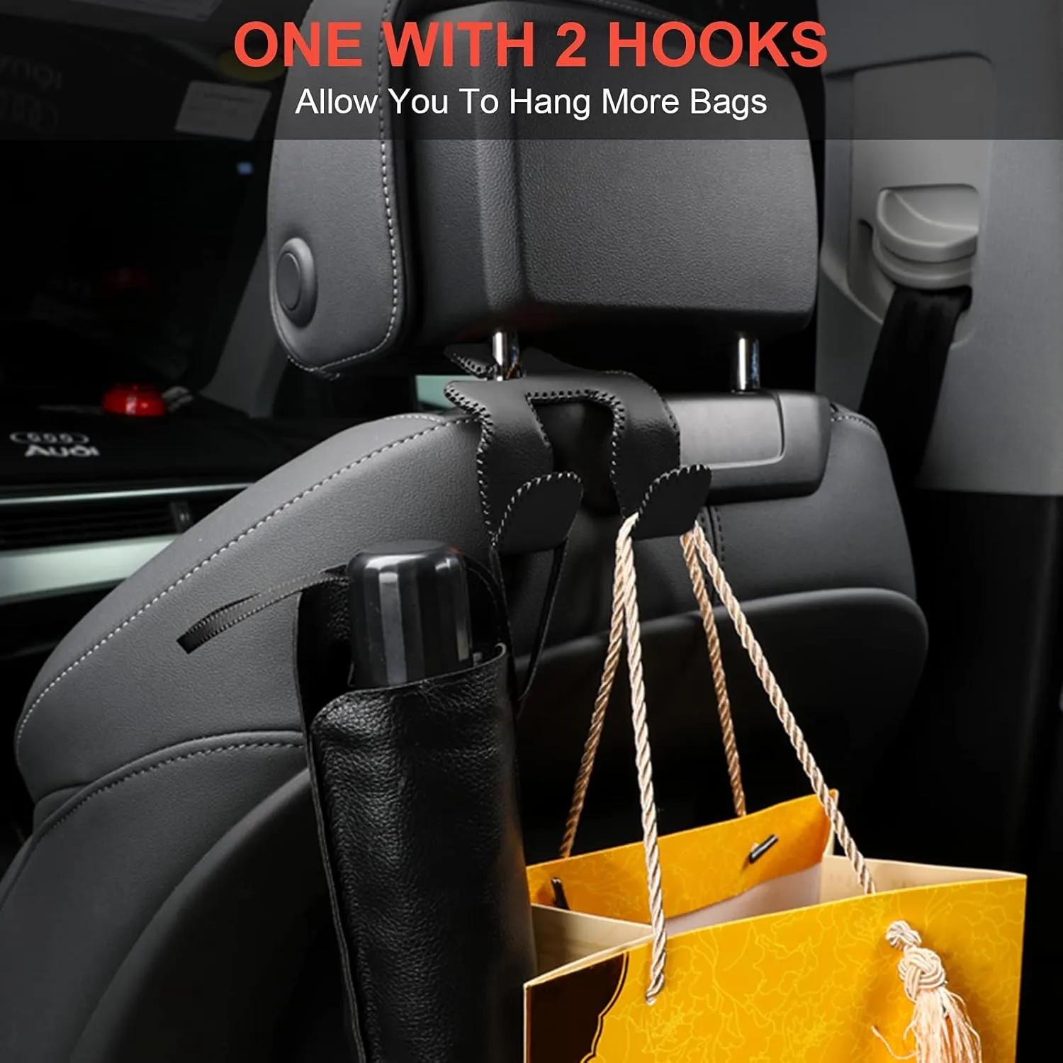 【2021 Upgraded】 Car Purse Hook, 2 in 1 Car Seat Headrest Hooks Durable Hanger Storage Holder Leather Organizer for Hanging Grocery Bags, 2 Pack, Black