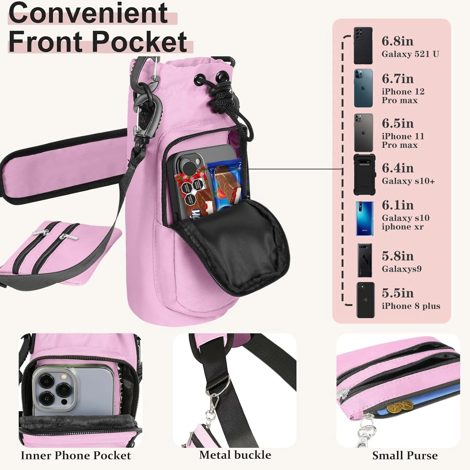 25/32/40 oz Water Bottle Holder with Strap, Water Bottle Bag Crossbody Insulation Water Bottle Holder with Small Purse, Adjustable Shoulder Strap (Purple)