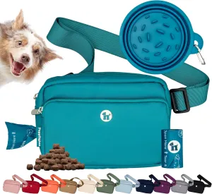 3-in-1 Crossbody Bag & Dog Treat Pouch for Pet Training - Matching Compostable Poop Bags, Built-In Poop Bag Dispenser & Slow-Feeding Travel Dog Bowl - Dog Walking Bag (Lagoon Teal)