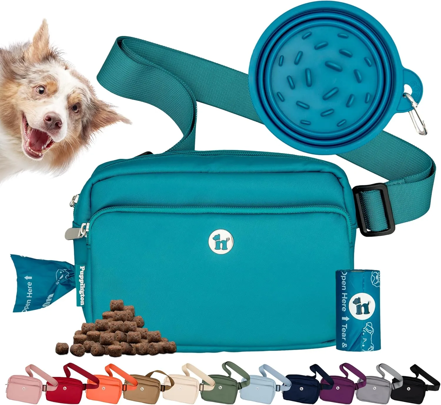 3-in-1 Crossbody Bag & Dog Treat Pouch for Pet Training - Matching Compostable Poop Bags, Built-In Poop Bag Dispenser & Slow-Feeding Travel Dog Bowl - Dog Walking Bag (Lagoon Teal)