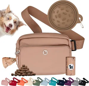 3-in-1 Crossbody Dog Walking Bag & Dog Treat Pouch for Pet Training - Matching Compostable Poop Bags, Built-In Poop Bag Dispenser & Slow-Feeding Travel Bowl (Latte Beige)