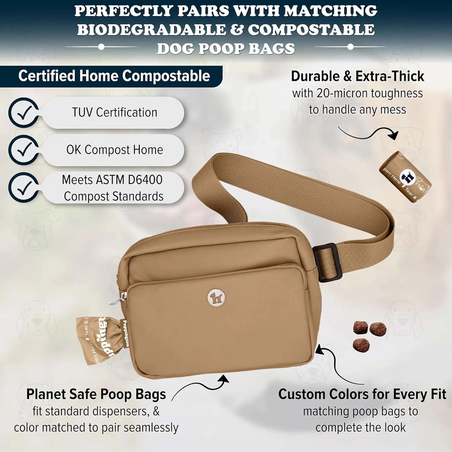 3-in-1 Crossbody Dog Walking Bag & Dog Treat Pouch for Pet Training - Matching Compostable Poop Bags, Built-In Poop Bag Dispenser & Slow-Feeding Travel Bowl (Latte Beige)