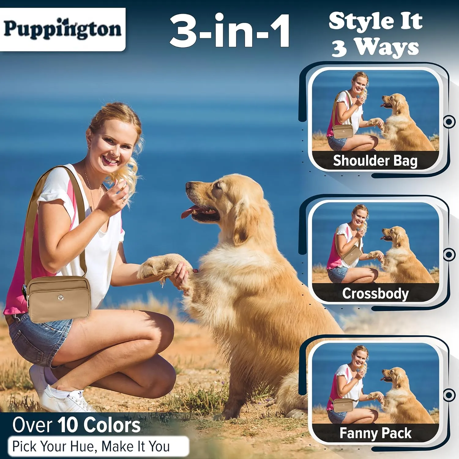 3-in-1 Crossbody Dog Walking Bag & Dog Treat Pouch for Pet Training - Matching Compostable Poop Bags, Built-In Poop Bag Dispenser & Slow-Feeding Travel Bowl (Latte Beige)