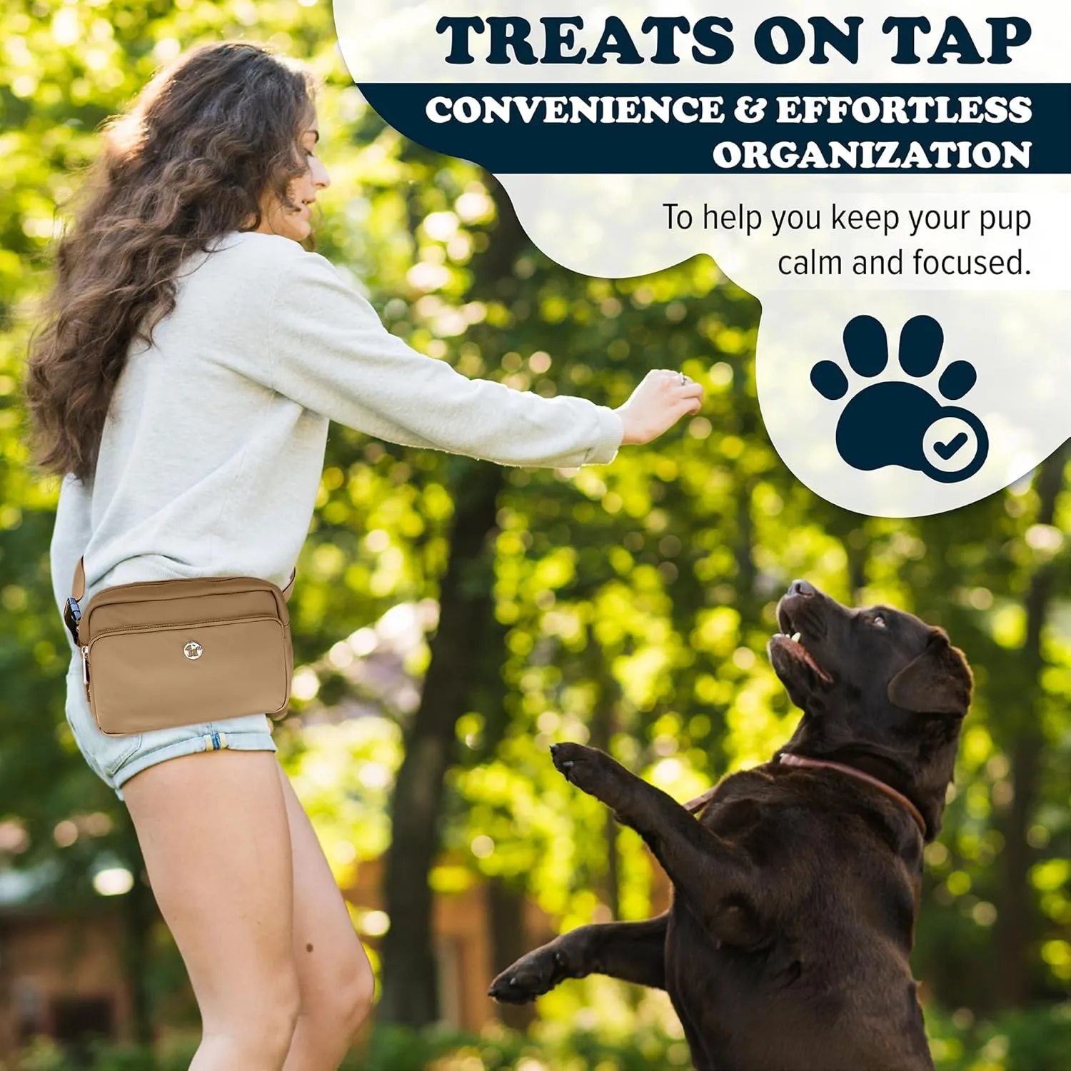 3-in-1 Crossbody Dog Walking Bag & Dog Treat Pouch for Pet Training - Matching Compostable Poop Bags, Built-In Poop Bag Dispenser & Slow-Feeding Travel Bowl (Latte Beige)