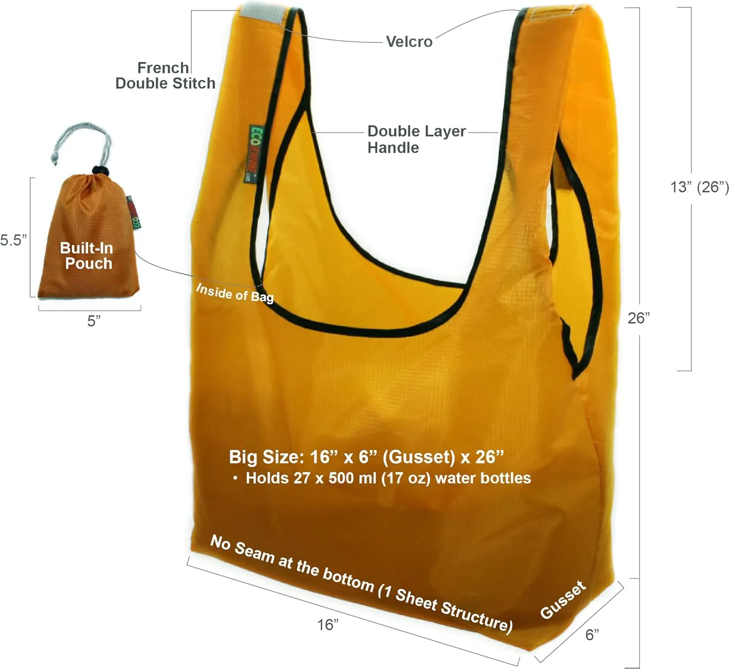 3 Pack Super Strong Ripstop Nylon Foldable Reusable Bag Grocery Shopping Tote Bag with Built-in Pouch