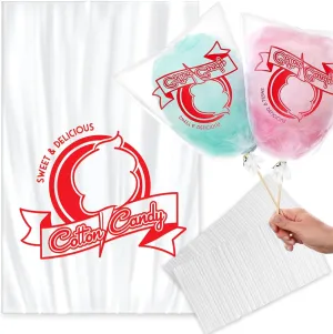 300 Cotton Candy Bags with Ties – 18.5" X 11.5" Thick Printed Bulk Cotton Candy Machine Supplies | Large Candy Bag Holder | Concession Stand Carnival Candy Bags