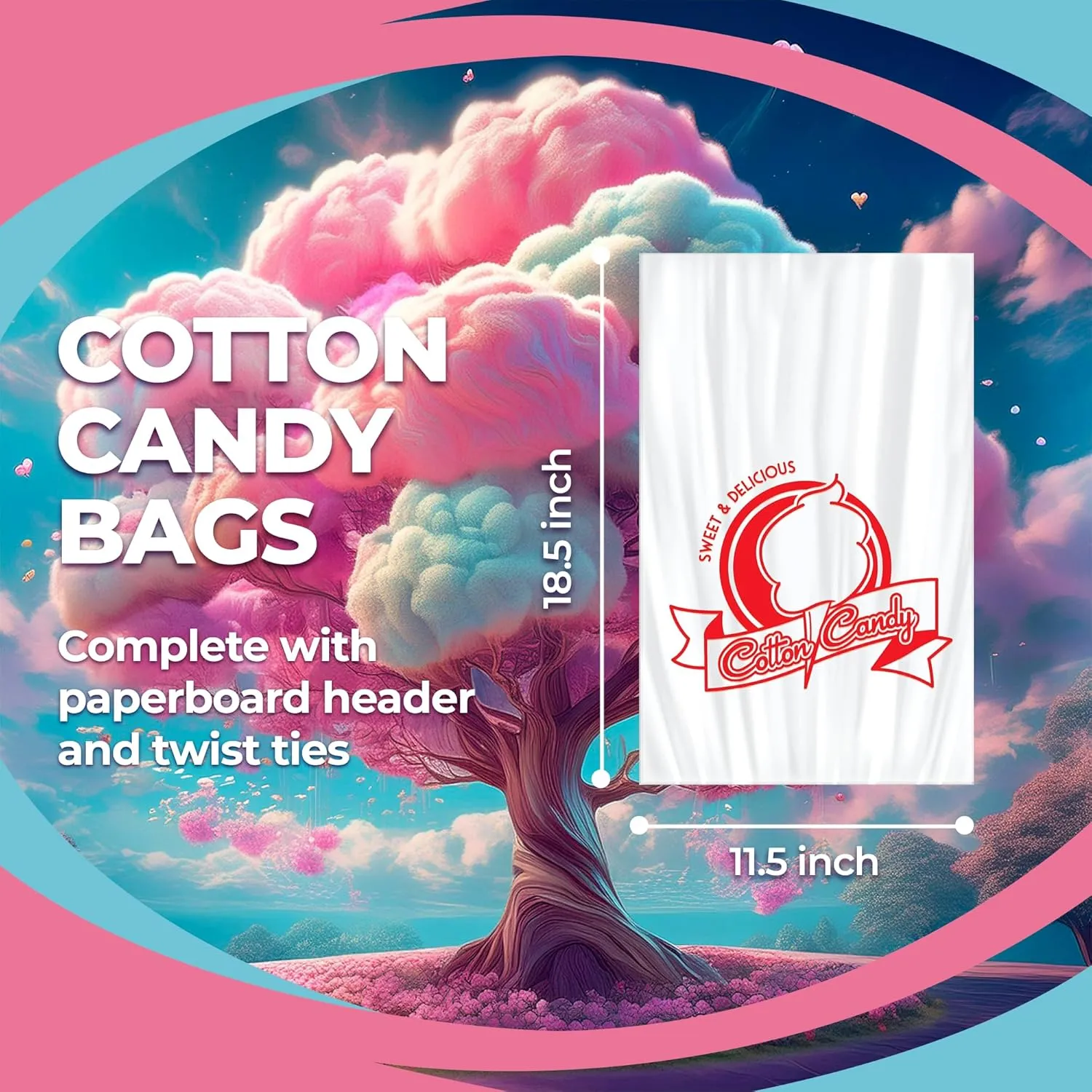 300 Cotton Candy Bags with Ties – 18.5" X 11.5" Thick Printed Bulk Cotton Candy Machine Supplies | Large Candy Bag Holder | Concession Stand Carnival Candy Bags