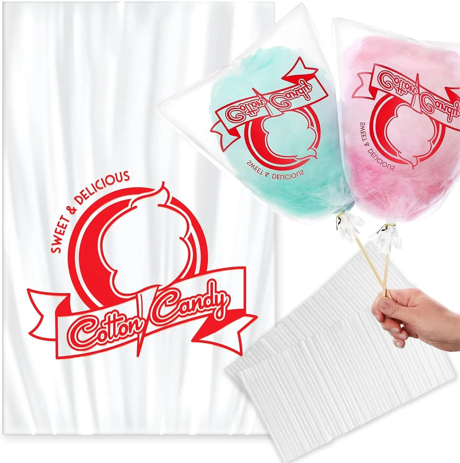 300 Cotton Candy Bags with Ties – 18.5" X 11.5" Thick Printed Bulk Cotton Candy Machine Supplies | Large Candy Bag Holder | Concession Stand Carnival Candy Bags