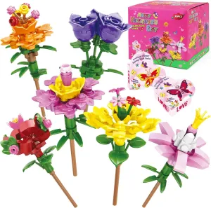 30PCS Valentines Day Gifts for Kids, 6 Different Artificial Flower Building Block with Valentines Gift Boxes for Boys Girl School Classroom Exchange Prize, Fun Valentines Party Favors Toys