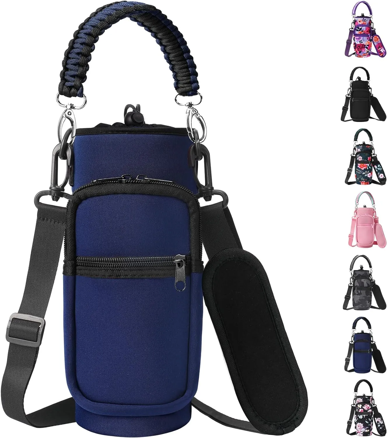 32/40/64/128 oz Neoprene Insulated Water Bottle Carrier Bag, Sling Bag Sleeve Pouch Holder with Strap & Paracord Handle and 2 Pocket for Travelling, Hiking, Camping