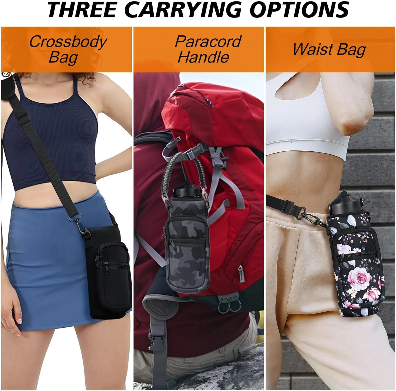 32/40/64/128 oz Neoprene Insulated Water Bottle Carrier Bag, Sling Bag Sleeve Pouch Holder with Strap & Paracord Handle and 2 Pocket for Travelling, Hiking, Camping