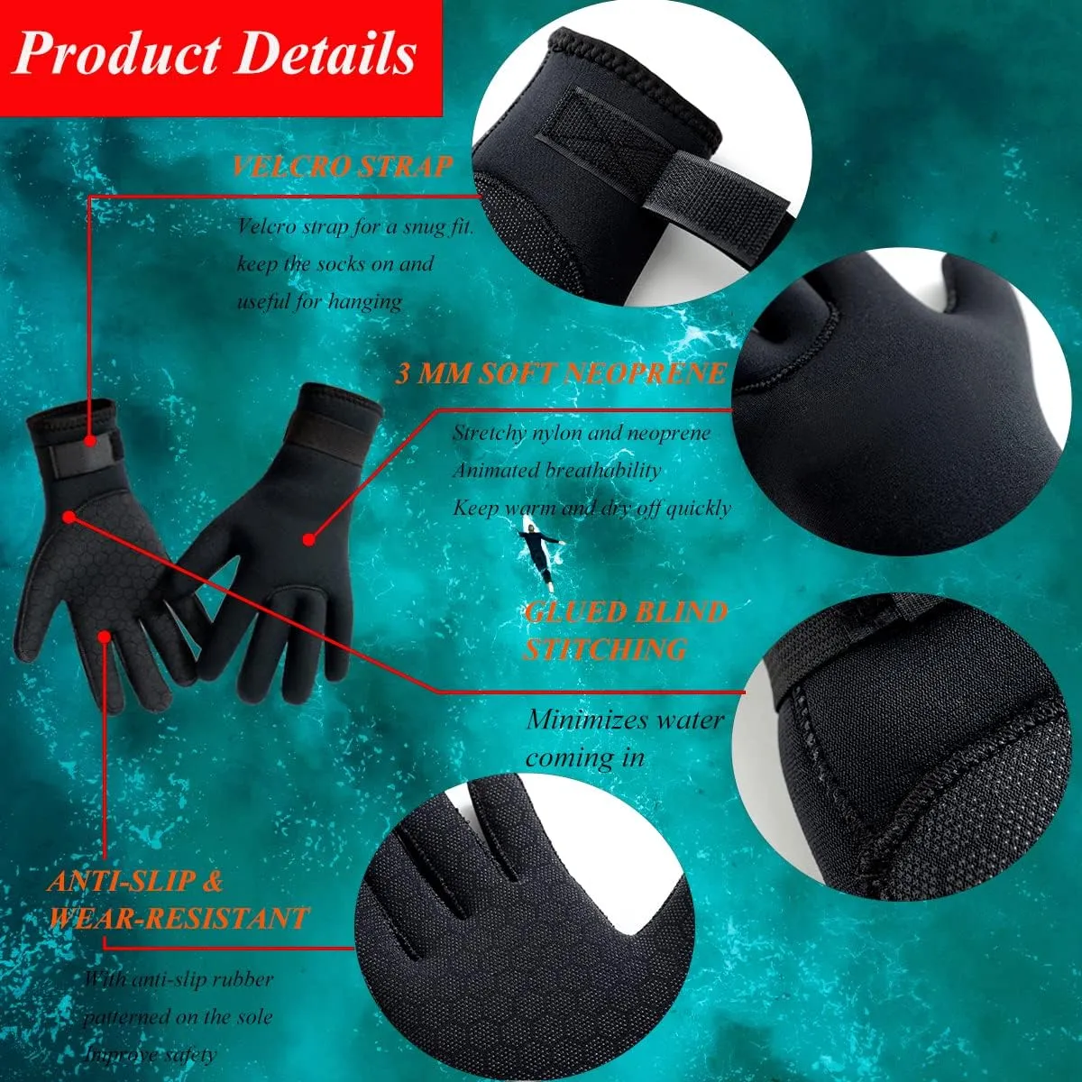 3mm Wetsuit Gloves Neoprene Diving Gloves Thermal Anti-Slip Scuba Gloves for Men Women Snorkeling Water Skiing Swimming Surfing Fishing