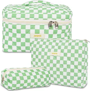 3Pcs Checkered Makeup Bag Quilted Travel Cosmetic Bag Organizer Coquette Toiletry Bag Make Up Bags for Women Girls