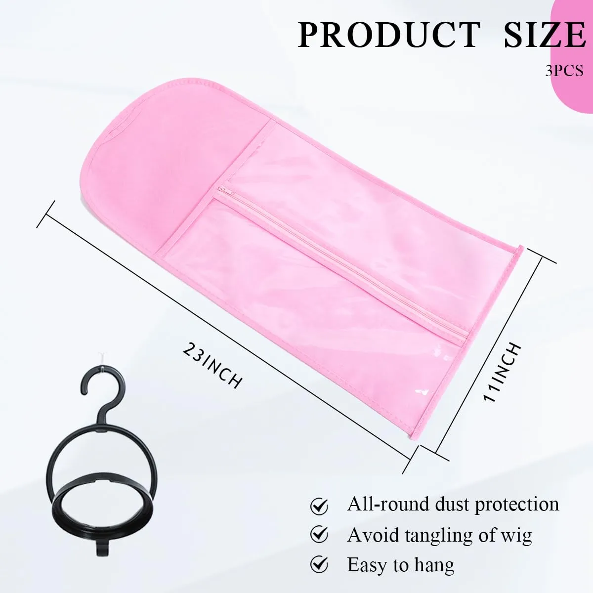 3PCS Dust-proof Tangle-proof Wig Bags Storage with Wig Holder Portable Wig Storage for Multiple Wigs Holder Wig Hanger for Multiple Wigs stand with Transparent Zip Up Closure wigs & accessories