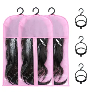 3PCS Dust-proof Tangle-proof Wig Bags Storage with Wig Holder Portable Wig Storage for Multiple Wigs Holder Wig Hanger for Multiple Wigs stand with Transparent Zip Up Closure wigs & accessories