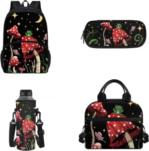 4 PCS Cute Frog Mushroom Backpack Girls Moon Stars Mushroom Schoolbag With Insulated Lunch Bag Crossbody Water Holder Case Pencil Box,Child School Bag Sets for Travel/Sports/Hiking