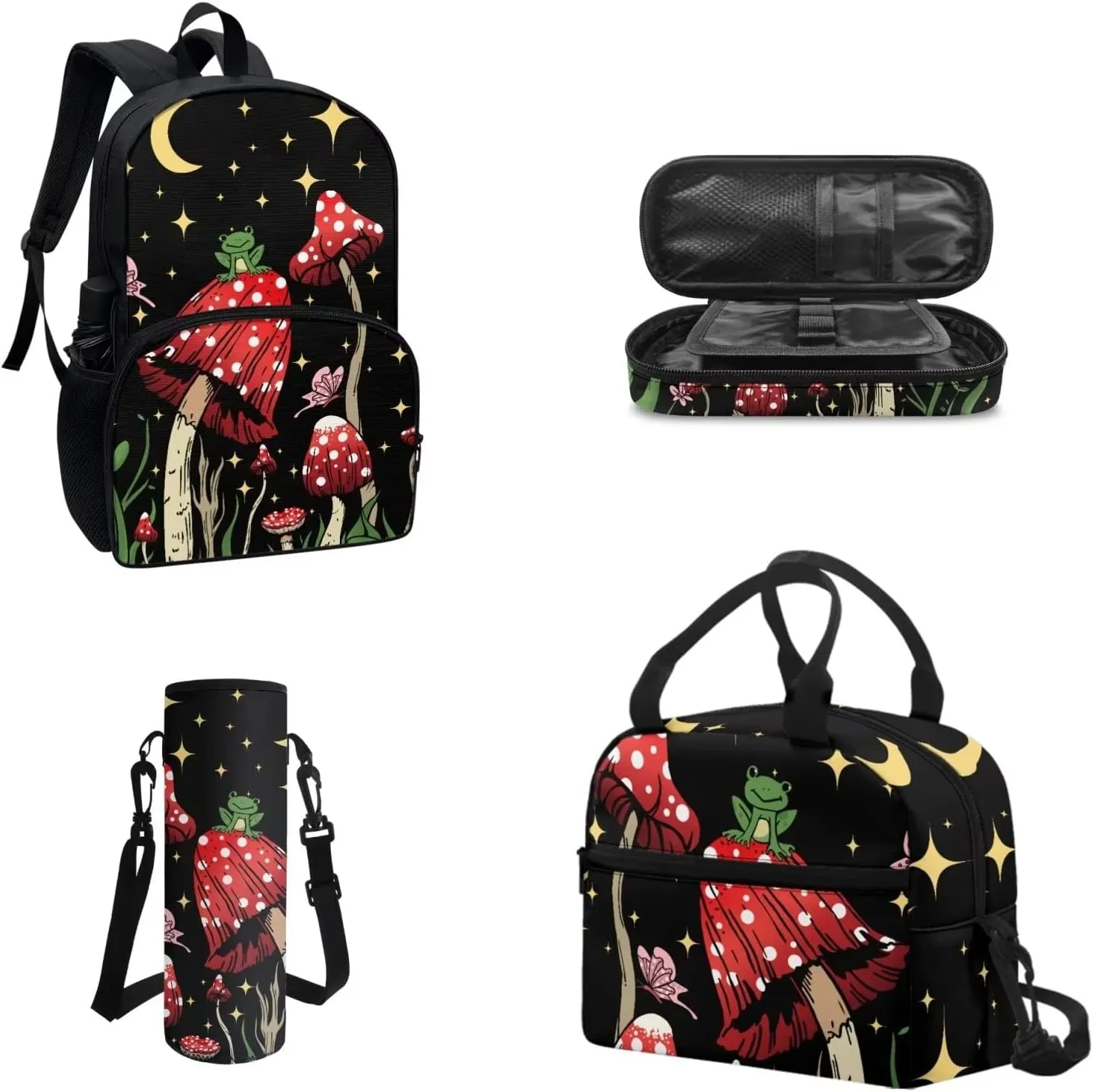 4 PCS Cute Frog Mushroom Backpack Girls Moon Stars Mushroom Schoolbag With Insulated Lunch Bag Crossbody Water Holder Case Pencil Box,Child School Bag Sets for Travel/Sports/Hiking