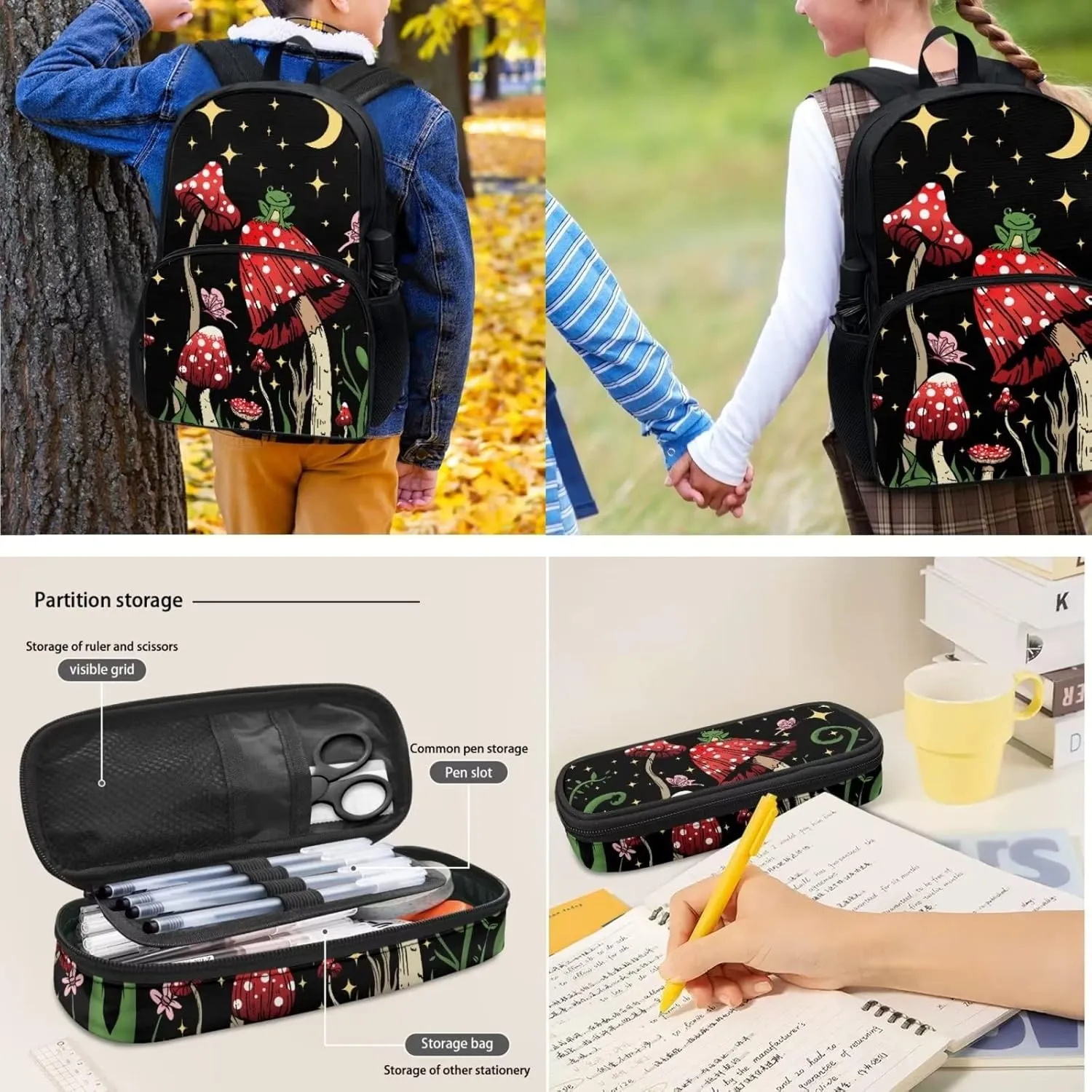 4 PCS Cute Frog Mushroom Backpack Girls Moon Stars Mushroom Schoolbag With Insulated Lunch Bag Crossbody Water Holder Case Pencil Box,Child School Bag Sets for Travel/Sports/Hiking