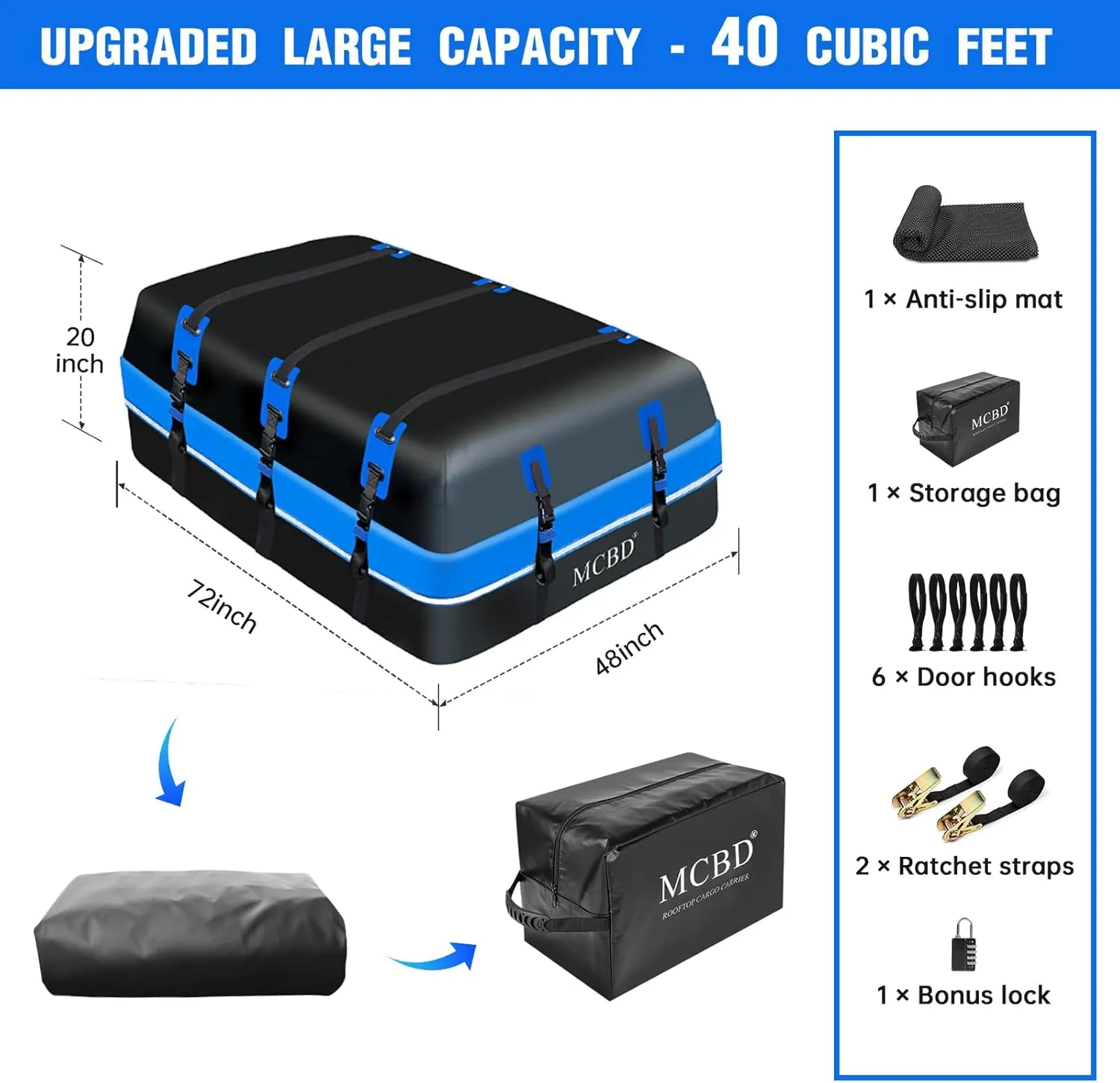 40 Cubic Feet Rooftop Cargo Carrier Bag, Waterproof Soft-Shell Car Roof Bag for All Vehicles SUV with/Without Rack, Car Top Luggage Storage Bag, Blue