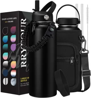 40 oz Stainless Steel Water Bottles Insulated - with Paracord Handle, Straw Lids, Flex Cap, Bottle Carrier & Silicone Boot, Leek Proof Reusable Water Bottle Flask Metal Jug Cold 48 Hrs Hot 24 Hrs