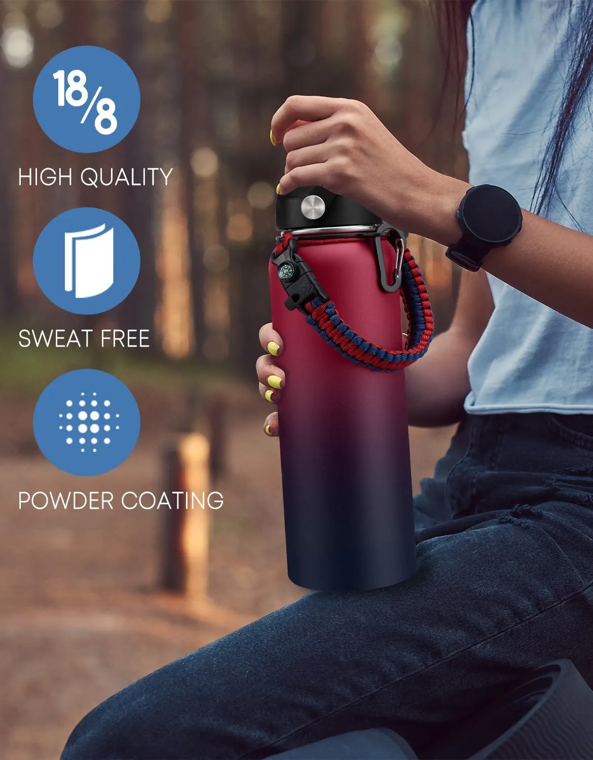 40 oz Stainless Steel Water Bottles Insulated - with Paracord Handle, Straw Lids, Flex Cap, Bottle Carrier & Silicone Boot, Leek Proof Reusable Water Bottle Flask Metal Jug Cold 48 Hrs Hot 24 Hrs